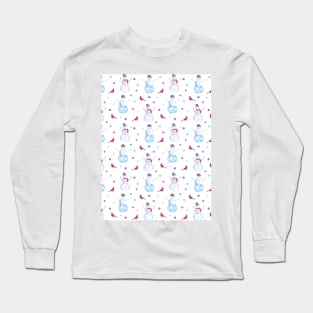 Cute Watercolor Snowmen and Cardinal Birds Pattern Long Sleeve T-Shirt